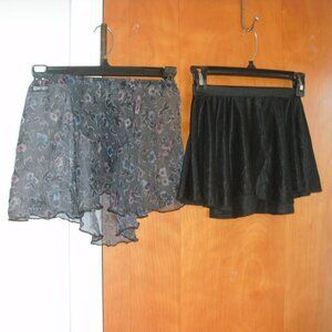 Set of Two ~ Black Pull on Dance Ballet Skirts ~ Sheer Floral & Faux Wrap size S